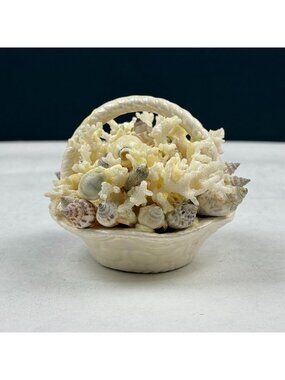 Vintage Pohaku Kiln Hawaii Pottery Basket With Corals & Shells Figurine Souvenir